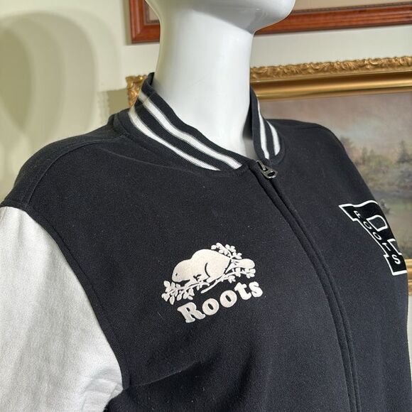 Roots Varsity Jacket Black & White Cotton Jersey Made in Canada - Picture 4 of 14